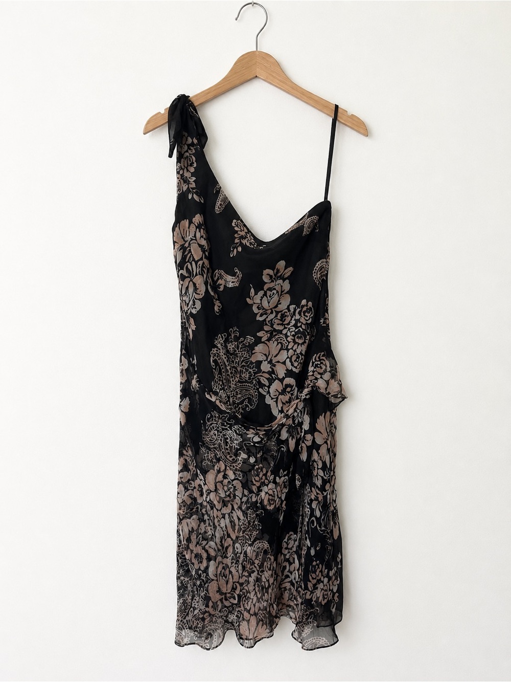 I.C.E. 100% Silk Black One-Shoulder with Beige Floral Slip Midi Dress Size 10